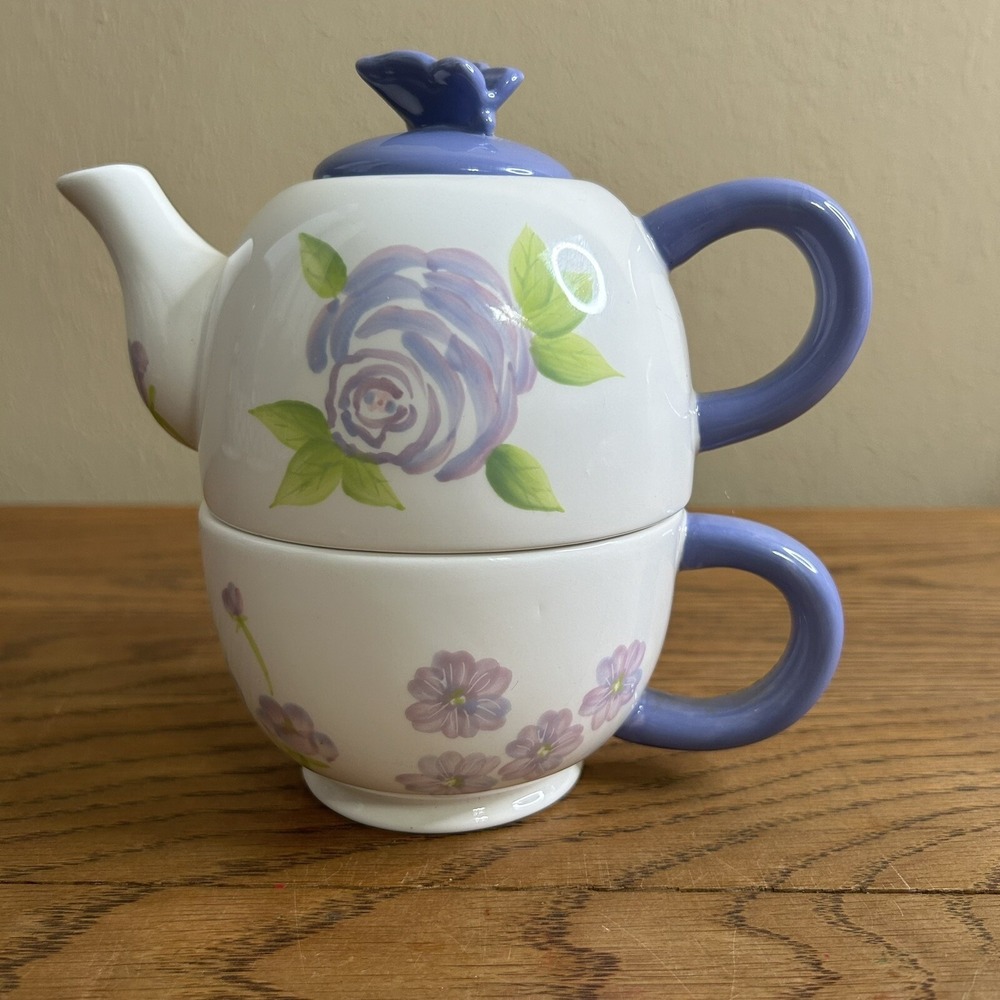 Hallmark Stacking Teapot & Cup White with‎ Purple Flowers & Butterfly Tea Lid